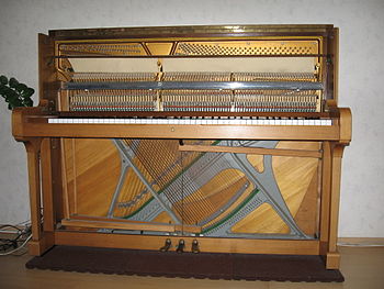 Photo of the inside of a cross-stringed piano